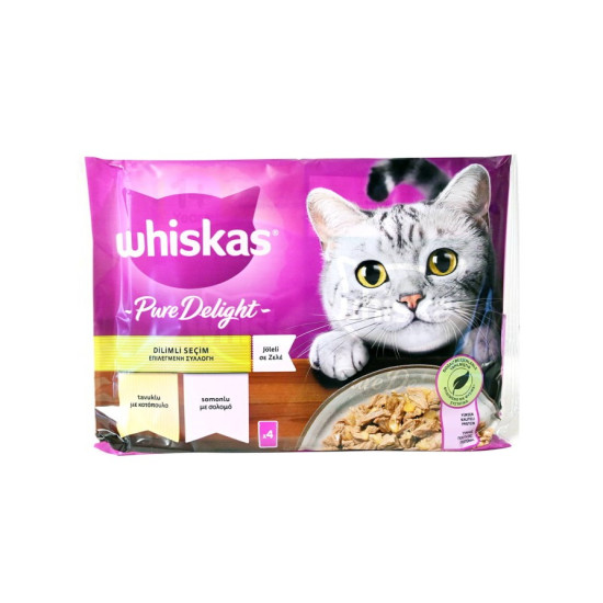 WHISKAS σε Ζελέ με Επιλεγμένη Συλλογή Κοτόπουλο & Σολομό 4x85gr